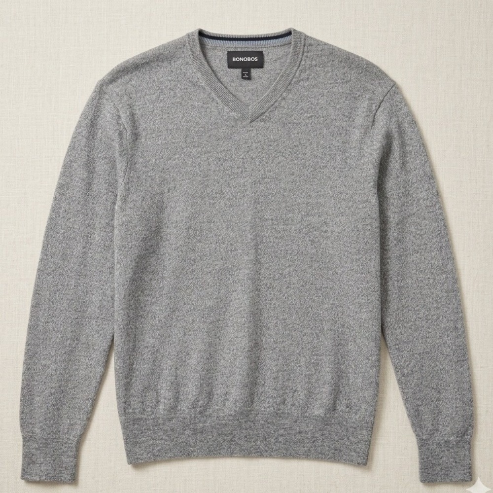 Bonobos V-Neck Sweater Men Medium Grey Merino Wool Standard Fit Knit Lightweight